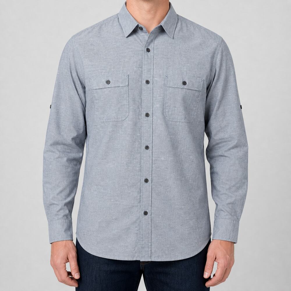 Johnston & Murphy Shirt Mens Medium Blue Long Sleeve Button Up Cotton Pockets